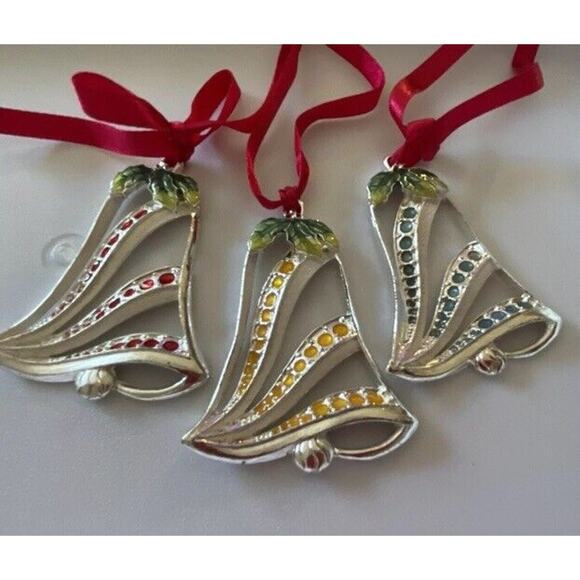 Gorham Silver Bells Red Blue Yellow Christmas Ornaments -All‎ three - Picture 5 of 8